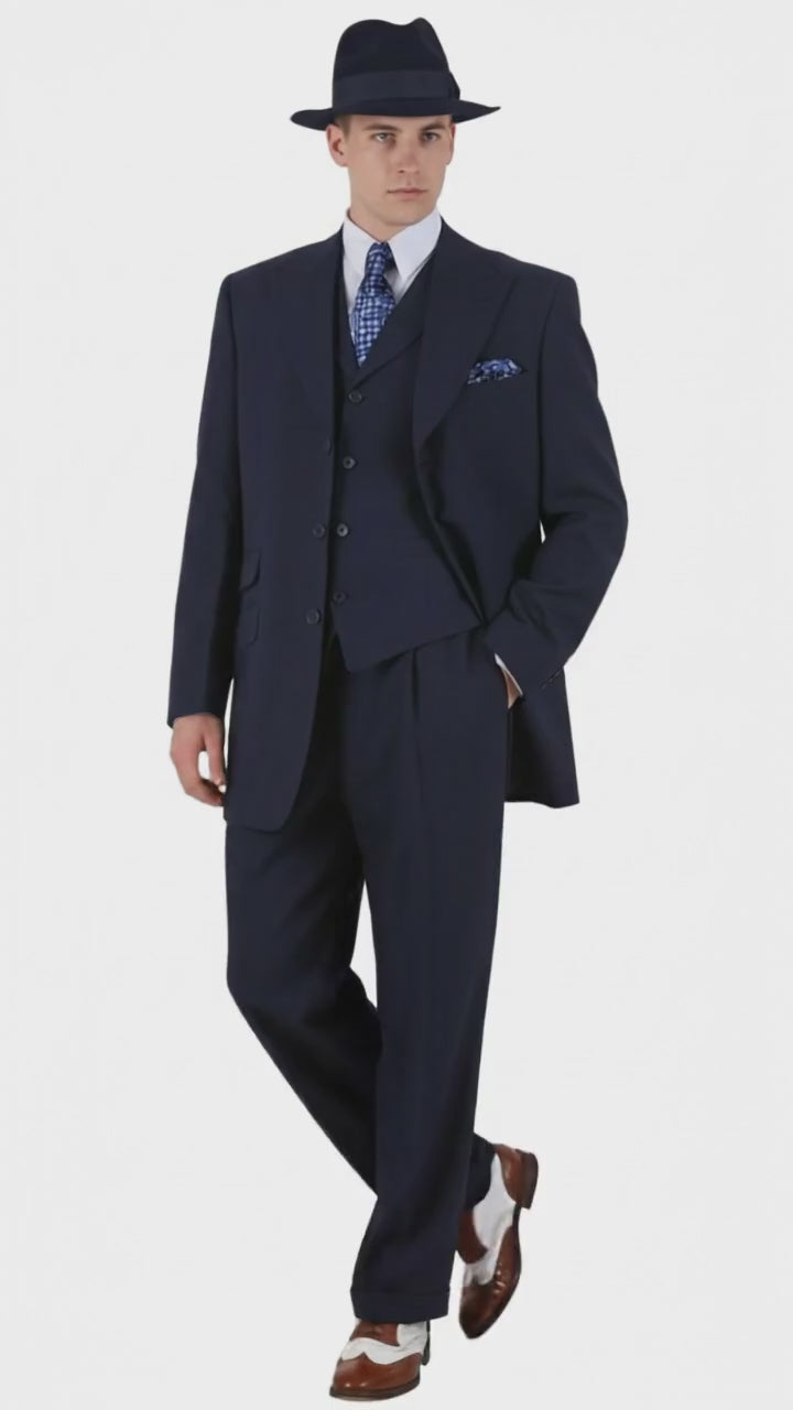 Men’s 1920s Navy Blue Zoot Suit with Fedora Hat and Wingtip Shoes – Classic Gangster 3-Piece Long  - Classic Fit Pleated Pants