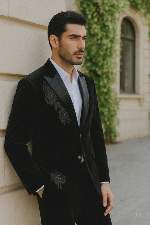 Men's 2 Button Black Velvet Suit Jacket, with floral pattern, Satin Peak Lapel, and Black Dress Pants