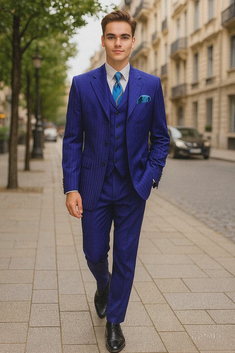 "Navy Blue Men's Shiny Tonal Stripe Fashion Suit - 4 Button Semi Wide Leg"