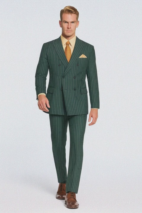 Mens Hunter Green Pinstripe Double-Breasted Suit – Bold 6-Button Vintage Gangster Style 1920s Look