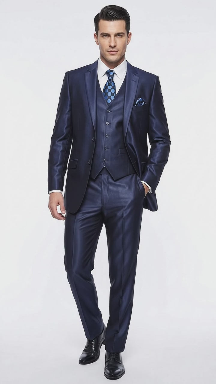 Men's Shiny Navy Blue Sateen 3-Piece Suit – Elegant Wedding, Prom Dress Suit with Matching Vest and Pants Slim Fitted