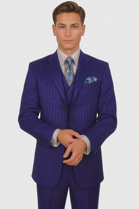 "Navy Blue Men's Shiny Tonal Stripe Fashion Suit - 4 Button Semi Wide Leg"