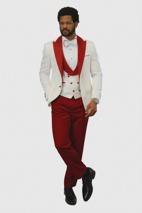 Hilton White and Red Paisley Peak Lapel Tuxedo Jacket with Matching Shawl Vest and Wool Pants – Includes Bow Tie