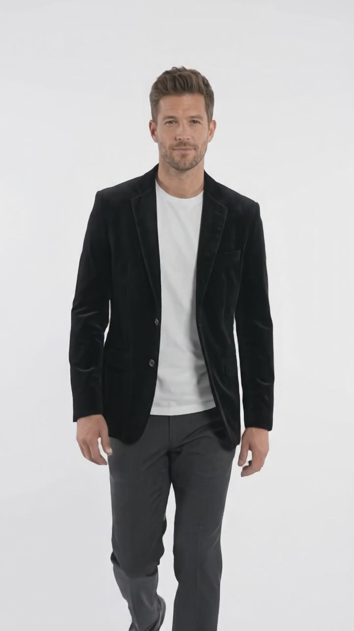Men’s Black Velvet Blazer, Big and Tall 2 Button Formal Sport Coat for Weddings and Parties