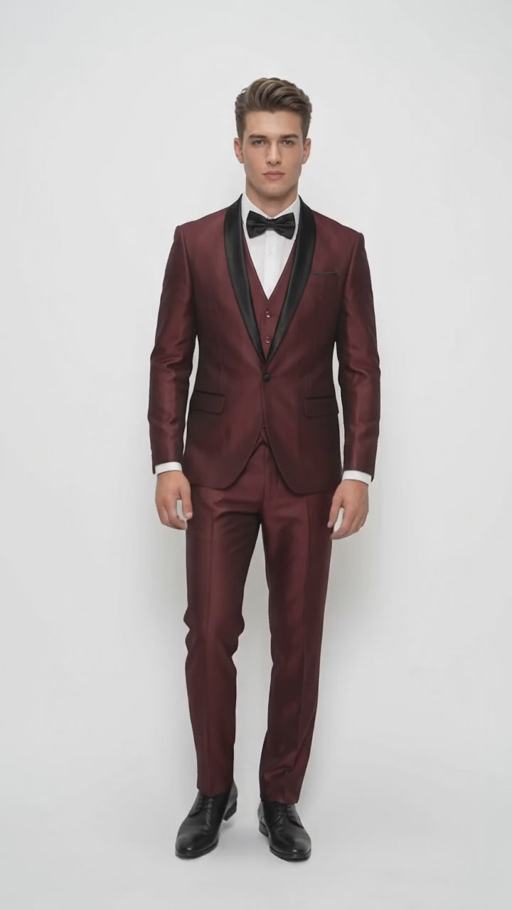 Men's Burgundy Sharkskin 3-Piece Tuxedo Suit – One Button Black Satin Shawl Lapel Vested Wedding & Prom Tuxedo