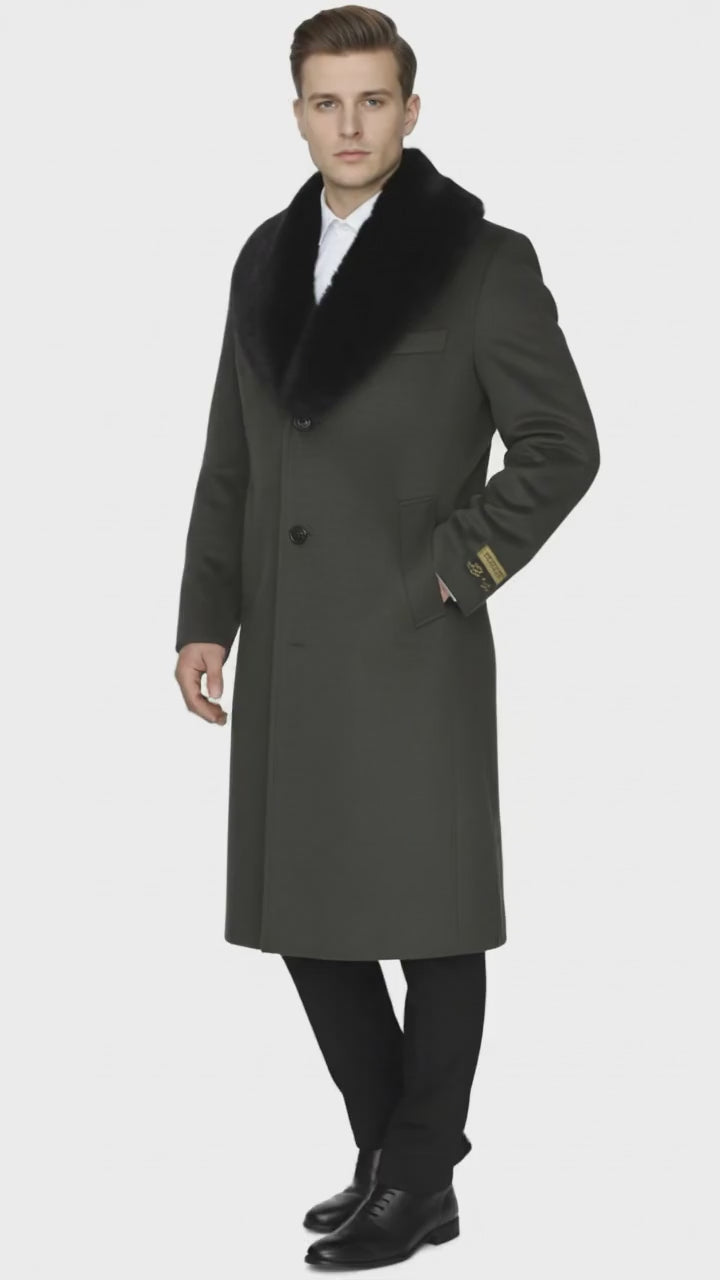 Mens Full Length Olive Overcoat with Black Fur Collar – Luxury Wool Fabric Winter Long Coat in Hunter Green