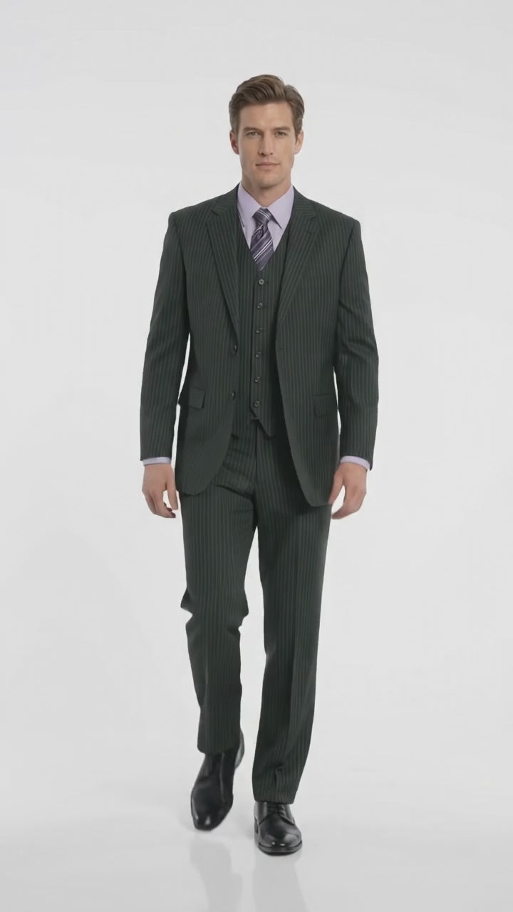 Men’s Black Pinstripe 3 Piece Suit, Vested 2 Button Formal Wedding Business Suit