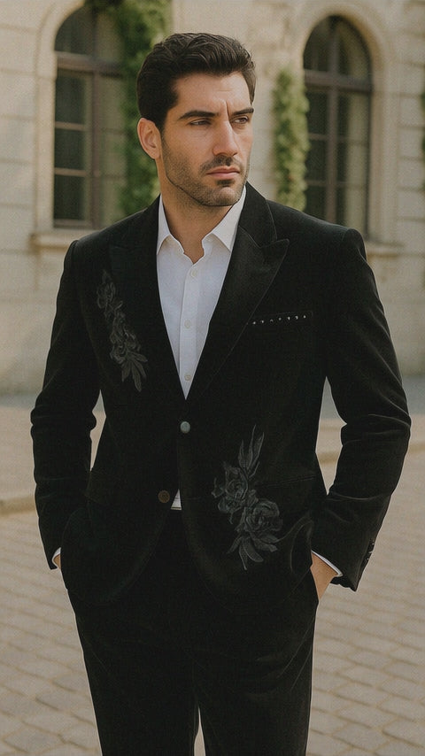 Men's 2 Button Black Velvet Suit Jacket, with floral pattern, Satin Peak Lapel, and Black Dress Pants