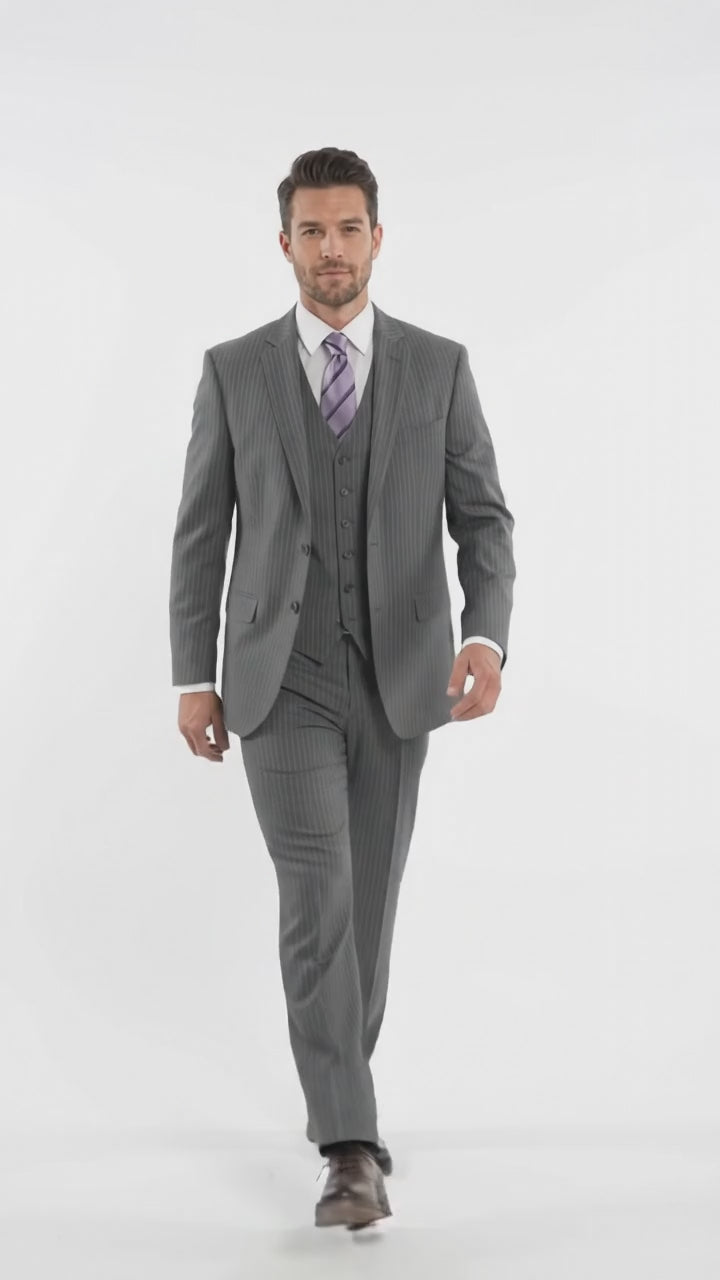 Men's Light Grey Pinstripe 3-Piece Vested Business Suit – Classic Two-Button Charcoal Gray Striped Formal Suit