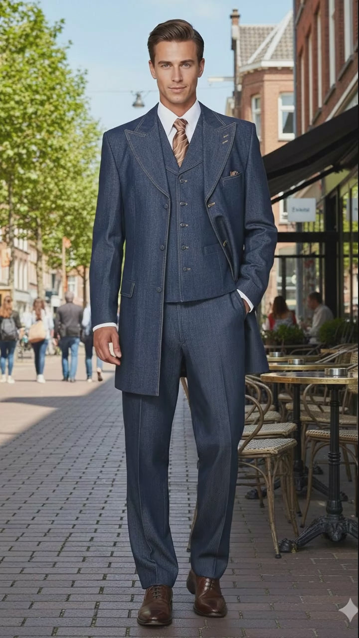 Men’s Cotton Denim Three-Piece Suit – Modern Blazer Denim Suit with Vest and Trousers Pleated Pants Classic Fit