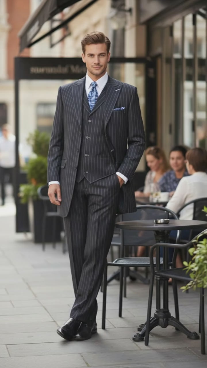 Men’s Three Button Suits -  Navy Blue Pinstripe Three-Piece Suit – Classic Business and Formal Wear with Tailored Fit
