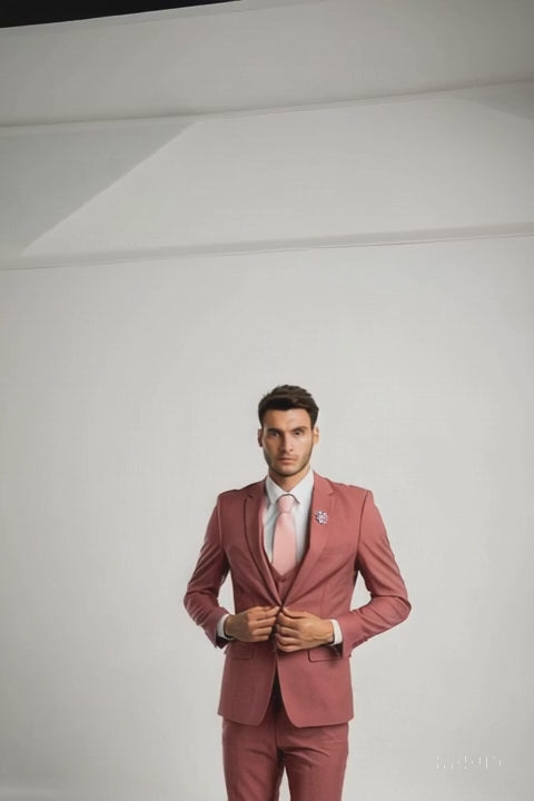Men's One Button Peak Lapel Solid Vest in Coral Pink Slim Fit Suit