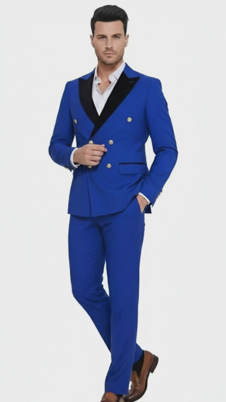 Mens Royal Blue Double-Breasted Tuxedo Suit – Modern Slim Fit Formal Wedding and Prom Outfit with Black Satin Lapel