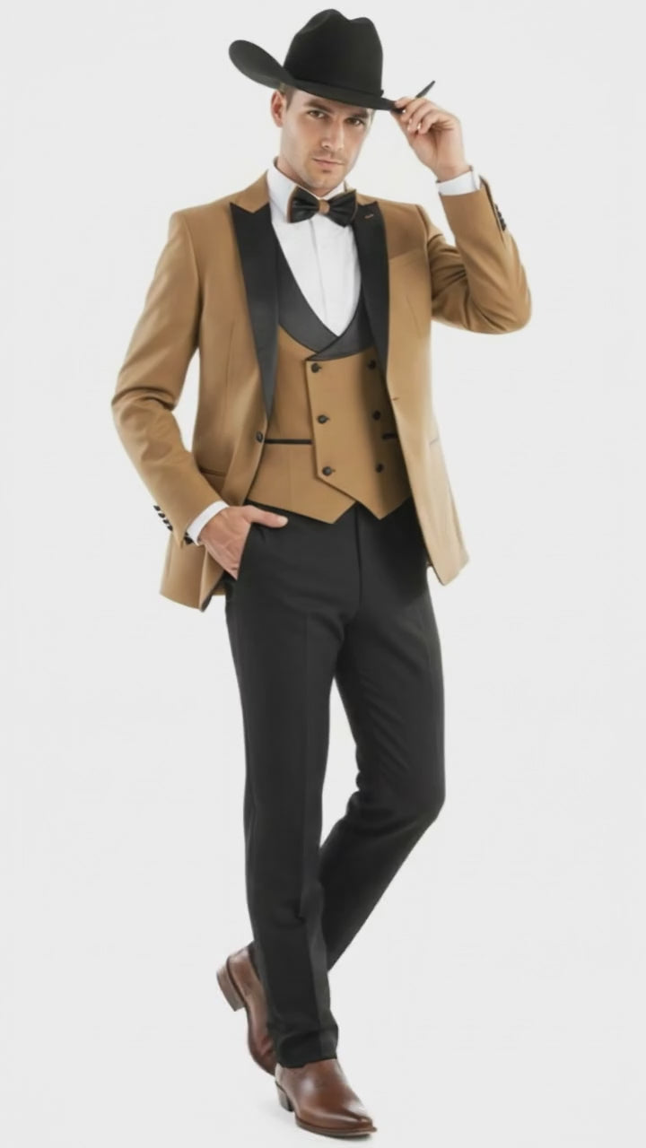 Mens Western Cowboy Tuxedo – Tan and Black 3-Piece Suit with Satin Lapel and Vest in Mocca Coffee Color