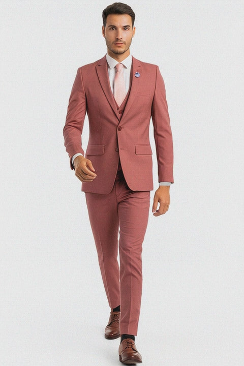 Men's One Button Peak Lapel Solid Vest in Coral Pink Slim Fit Suit