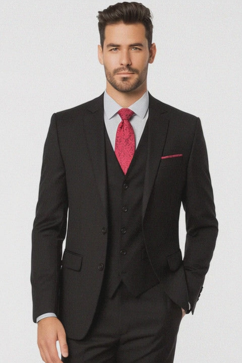 Steve Harvey Suit - Peak Lapel Modern Fit - No Pleated Pants Designer Brand Black 3 Piece Vested Suit