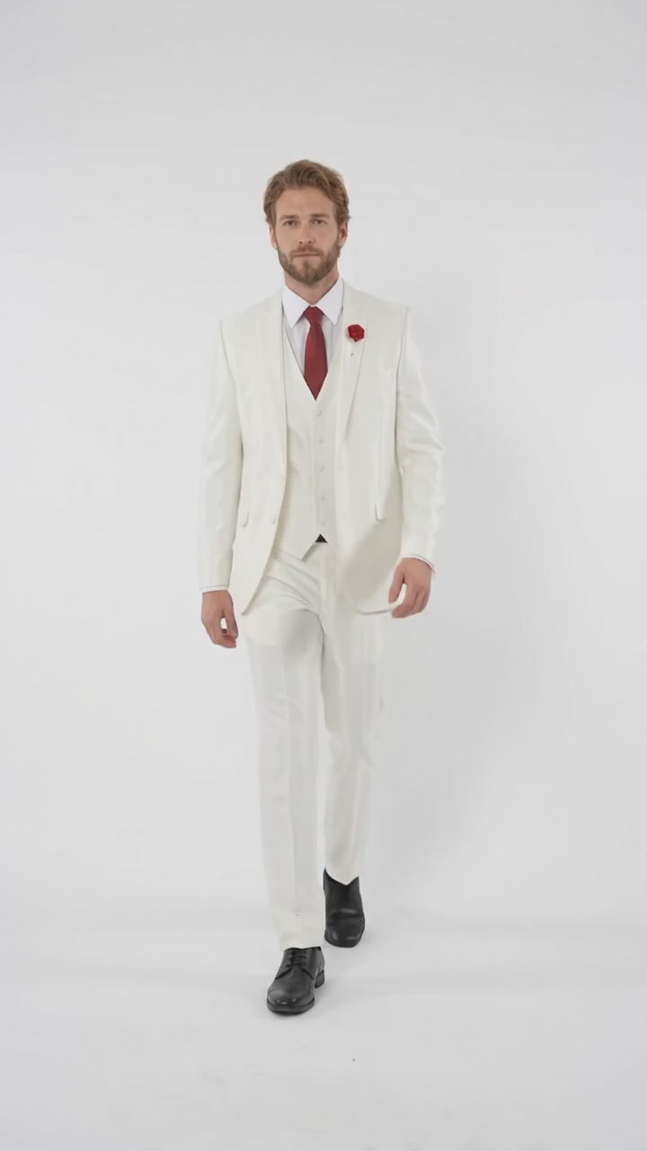Tazio Men’s White Shiny Sharkskin 3 Piece Suit, Modern Fit Vested Formal Wedding Prom Suit