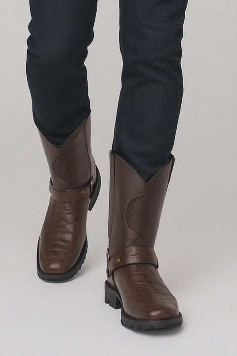 Los Altos Boot - Los Altos Cowboy Boots - Men's Biker Design Genuine Leather Caiman Tail Western Boots with Industrial Sole