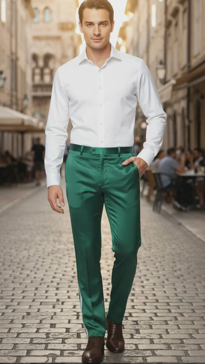 Mens Emerald Green Satin Slim Fit Dress Pants – Shiny Formal Party and Wedding Trousers