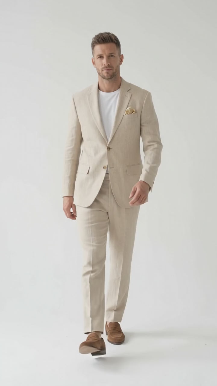 Men’s Tan Linen Blend 2 Piece Suit, Modern Fit Notch Lapel Summer Wedding Suit