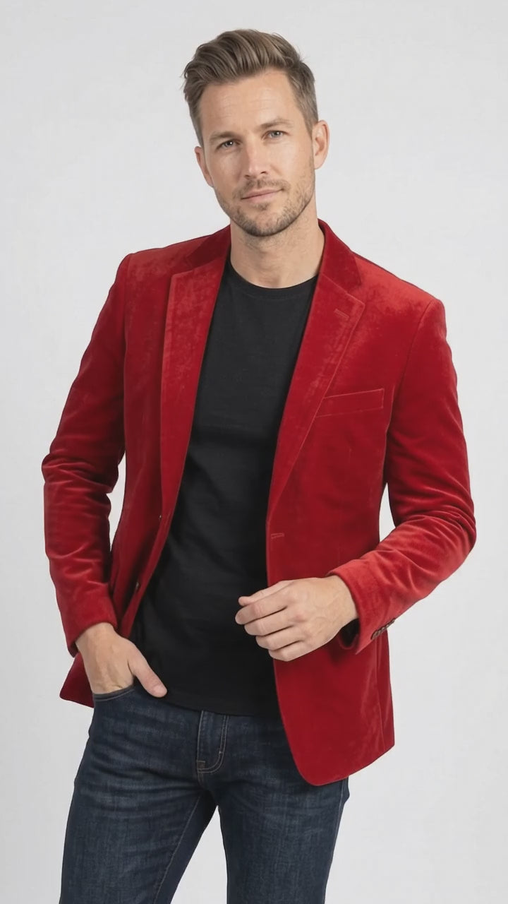 Men’s Red Velvet Blazer, Big and Tall 2 Button Formal Sport Coat for Weddings Prom and Parties