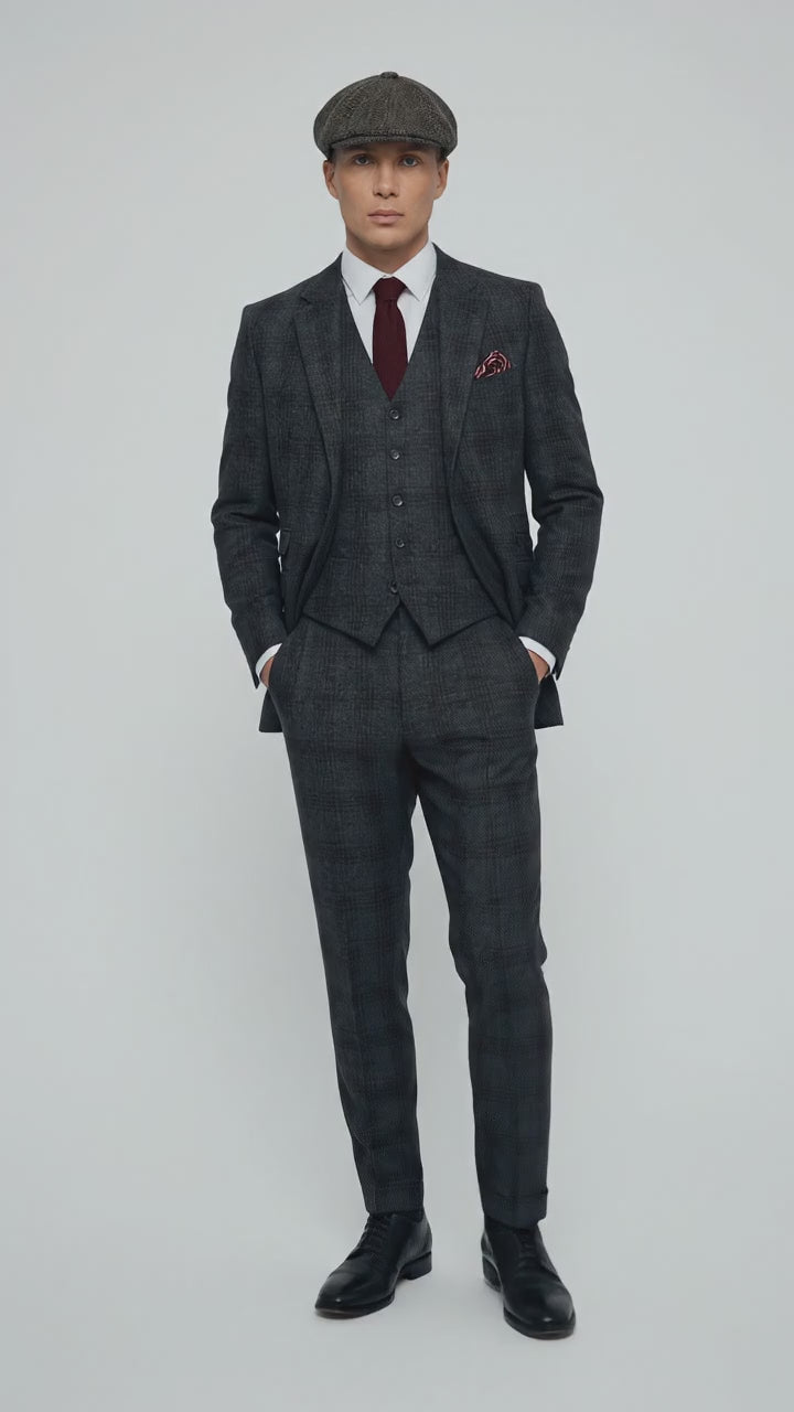 Men's Thomas Shelby Dark Grey Plaid 3-Piece Suit – Peaky Blinders 1920s Vintage Tweed-Style Wedding Suit with Matching Vest & Pants