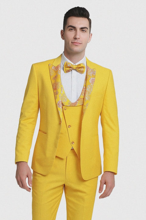 Radiant Golden Bloom Mens 3-Piece Suits with Floral Peak Lapel