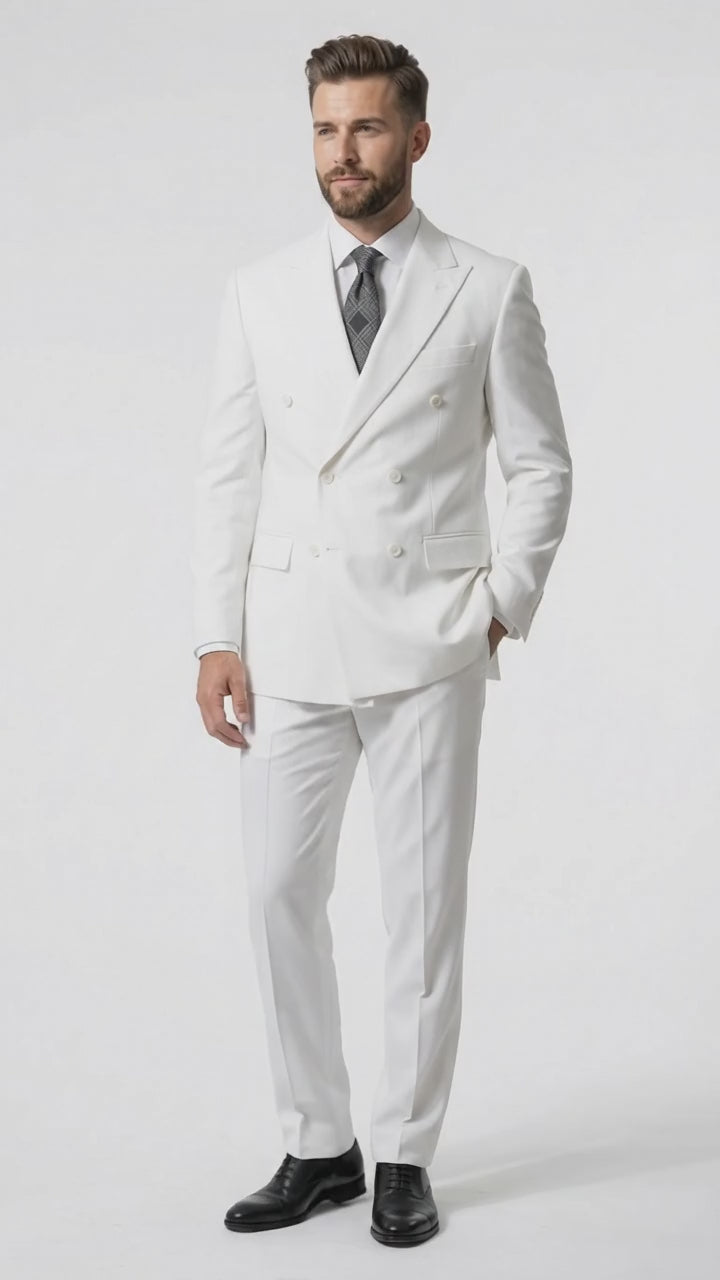 Men’s Solid White Double Breasted Suit, Classic Fit Formal Wedding Prom Dress Suit