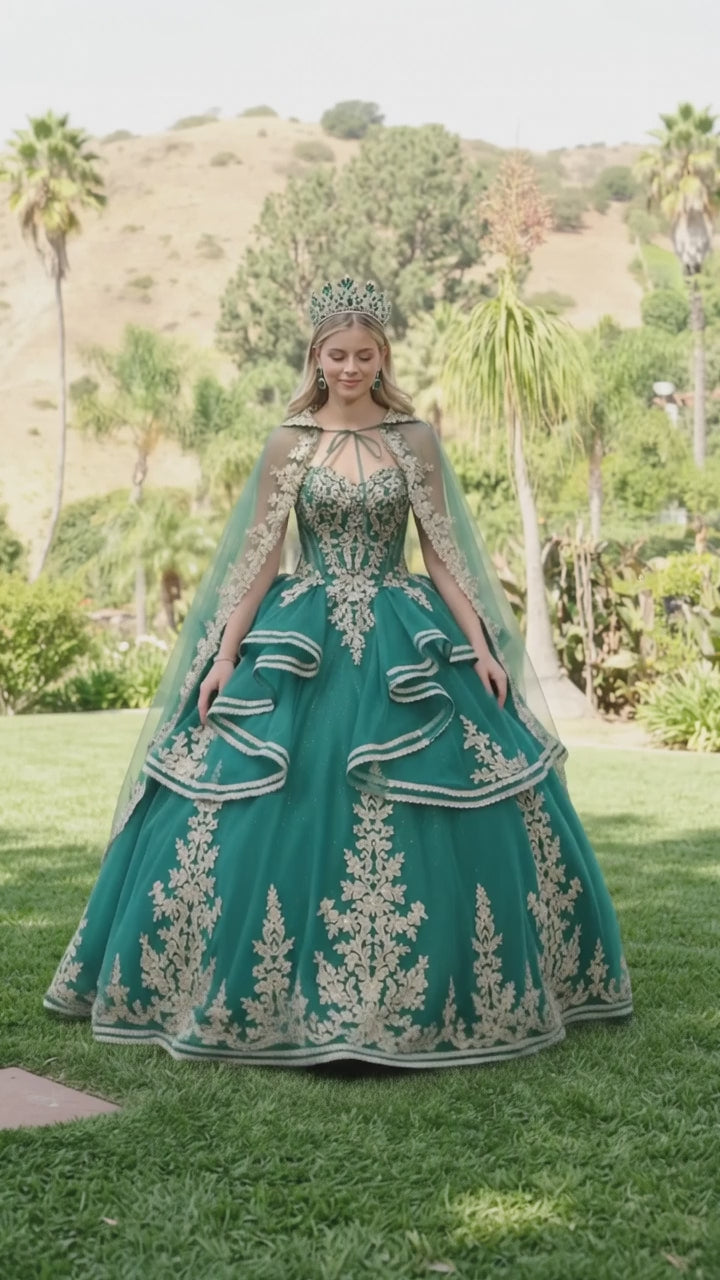 Elizabeth K GL3671 Emerald Green Quinceañera Ball Gown – Strapless Sweetheart Beaded Corset Dress with Ruffle-Tier Skirt & Embroidered Cape