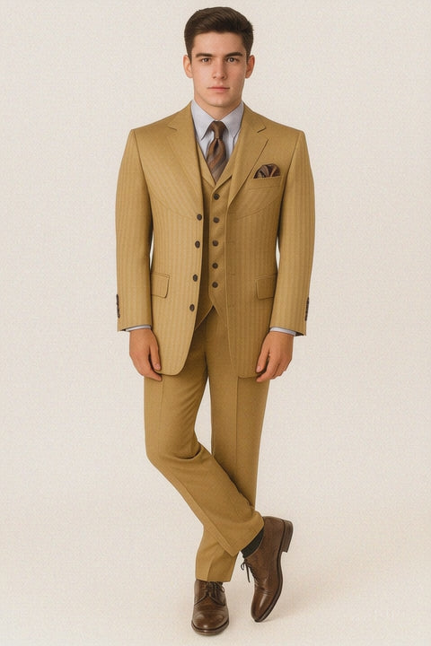 Mens 4 button Semi Wide Leg Shiny Tonal Stripe Fashion Gold Suit