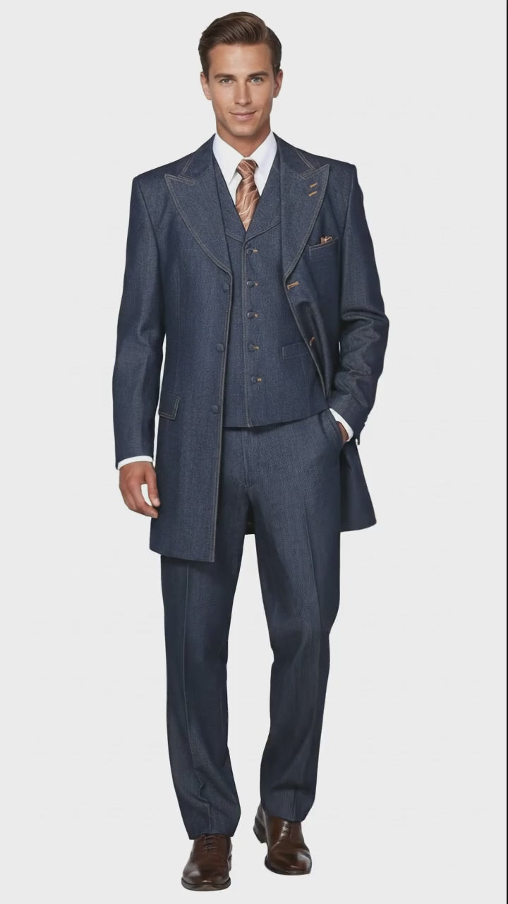 Men’s Cotton Denim Three-Piece Suit – Modern Blazer Denim Suit with Vest and Trousers Pleated Pants Classic Fit