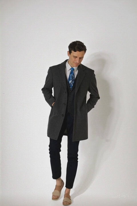 Charcoal Grey Men's Wool & Cashmere Full Length Overcoat