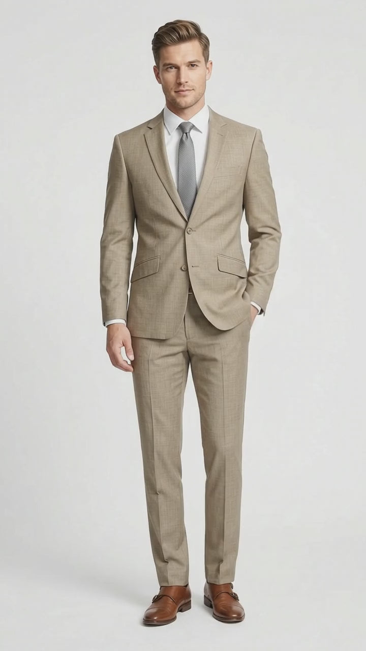 Men's Light Taupe Textured 2-Piece Suit – Modern Fit Tan Groomsmen Wedding & Formal Business Suit