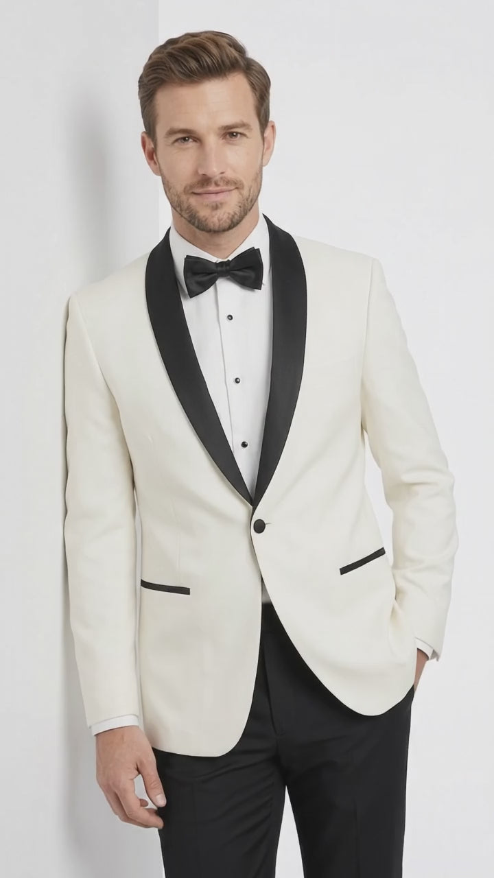 Men’s Designer Ivory and Black Satin Shawl Dinner Jacket, Formal Tuxedo Evening Jacket