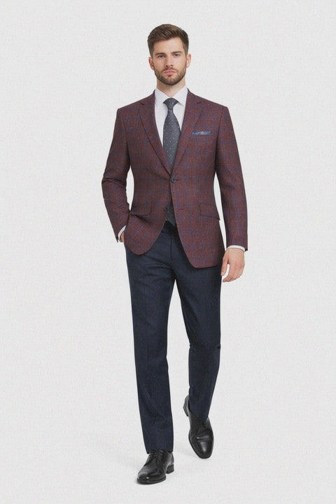 Sacos Para Hombre - Sacos Vaqueros Mens Slim Fit Two Button Wool Sport Coat Blazer in Burgundy & Blue Windowpane Plaid