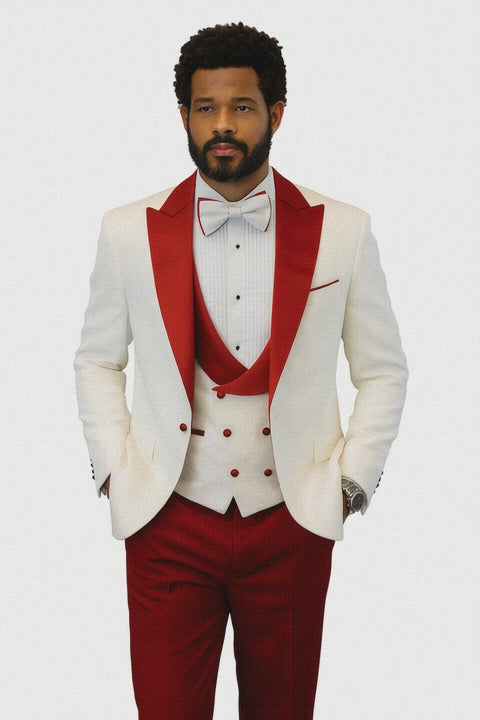 Hilton White and Red Paisley Peak Lapel Tuxedo Jacket with Matching Shawl Vest and Wool Pants – Includes Bow Tie