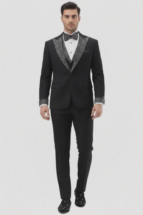 Mens One Button Rhinestone Peak Lapel Vested Prom Black Tuxedo