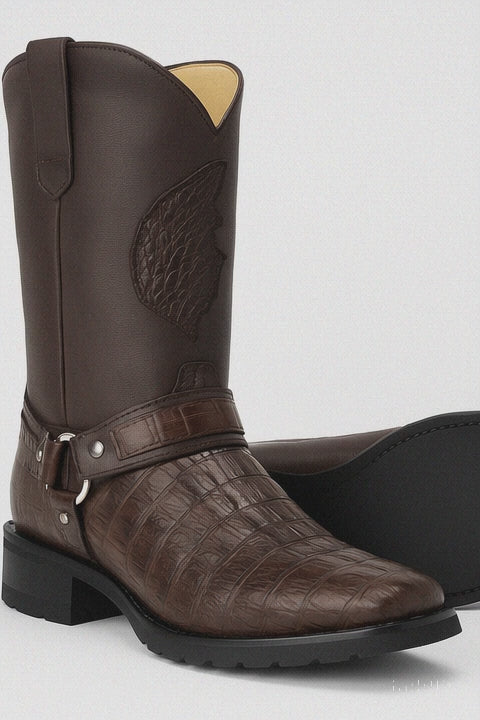Los Altos Boot - Los Altos Cowboy Boots - Men's Biker Design Genuine Leather Caiman Tail Western Boots with Industrial Sole