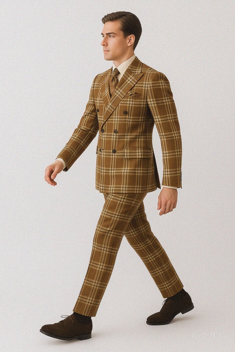 "Men's Double Breasted Wool Suit, Three Quarter Length, Tan & Brown Windowpane Plaid"