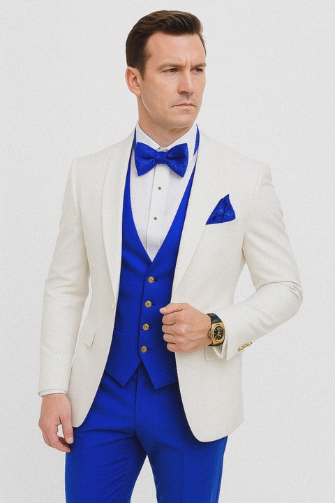 White and Royal Blue Tuxedo Wedding Suit - White Dinner Jacket + Vest + Pants + Bow-tie