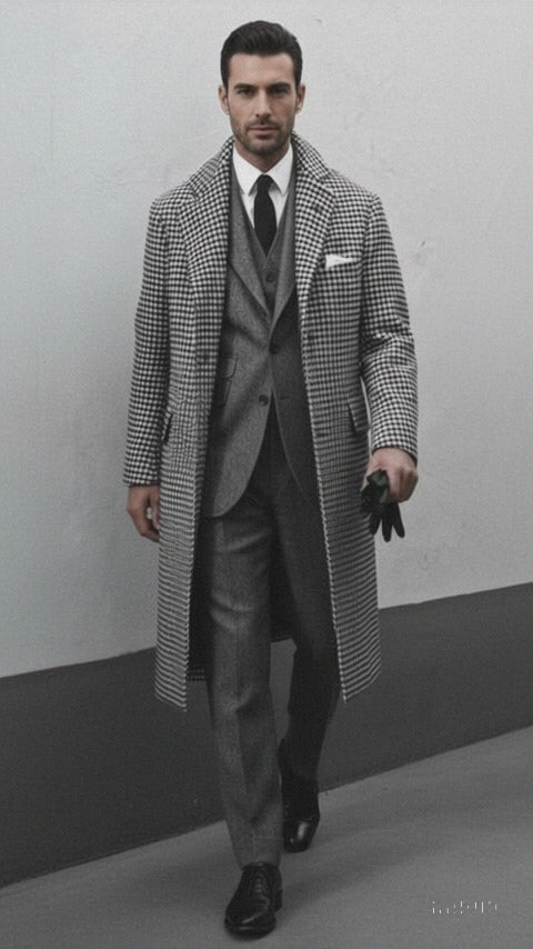 Houndstooth Overcoat - Black And White Checker And Cashmere Fabric Topcoat By Alberto Nardoni