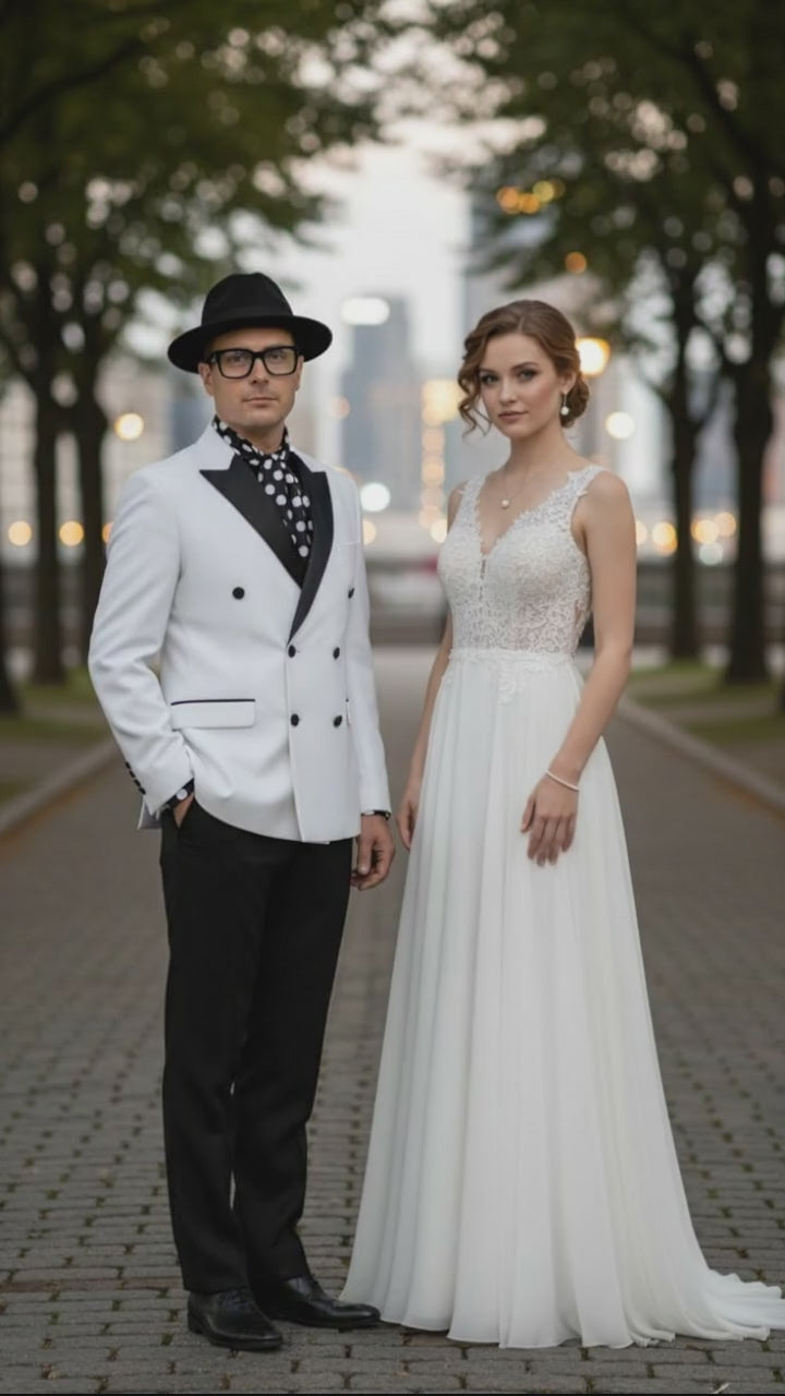 Men’s White and Black Double-Breasted Tuxedo – Modern Slim Fit Formal Suit for Weddings, Parties, and Special Occasions