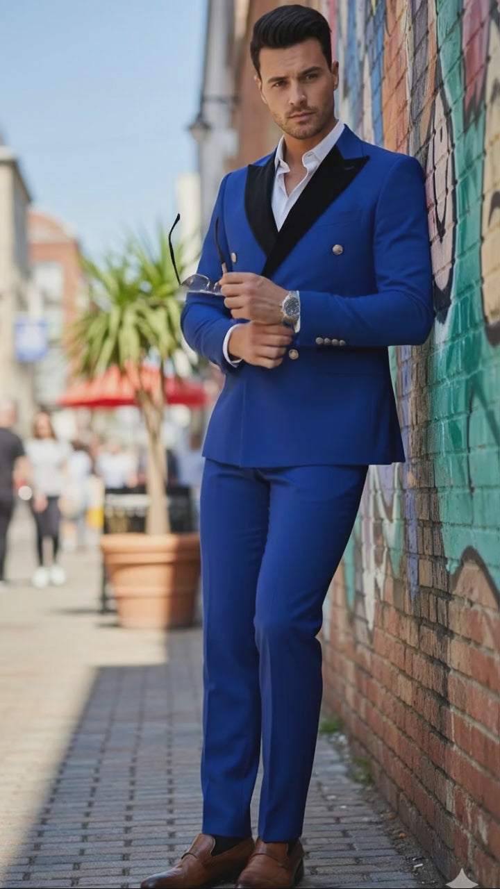 Mens Royal Blue Double-Breasted Tuxedo Suit – Modern Slim Fit Formal Wedding and Prom Outfit with Black Satin Lapel