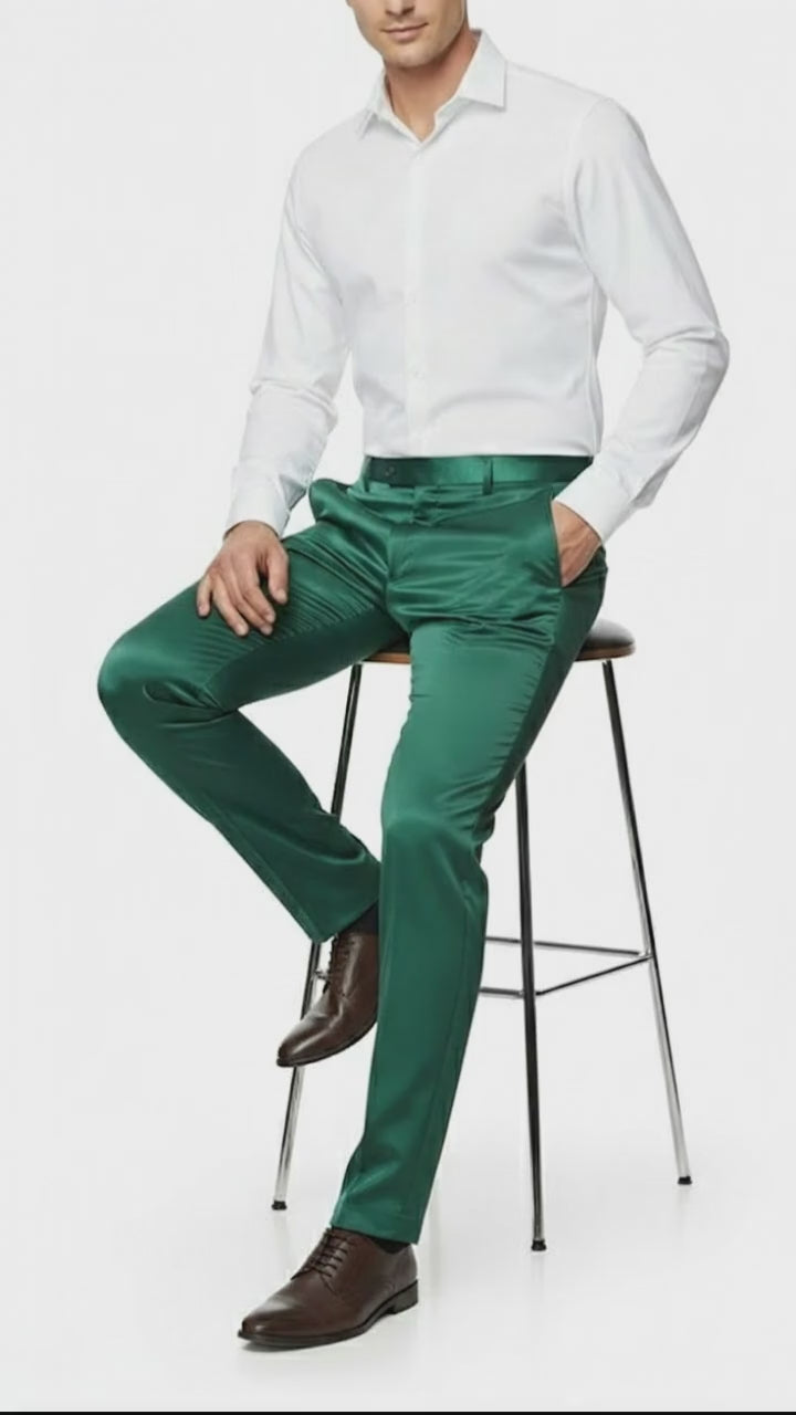 Mens Emerald Green Satin Slim Fit Dress Pants – Shiny Formal Party and Wedding Trousers