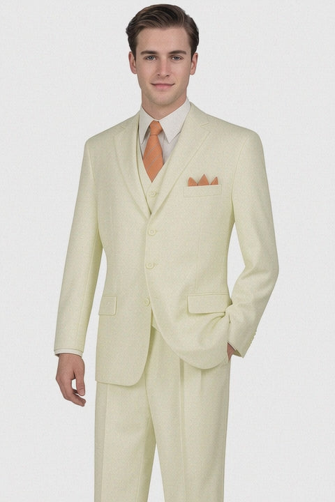 "Classic Fit Men's Three-Button Ivory Suit with Vest and Pleated Pants"