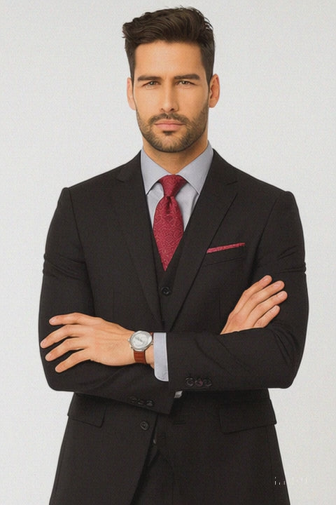 Steve Harvey Suit - Peak Lapel Modern Fit - No Pleated Pants Designer Brand Black 3 Piece Vested Suit