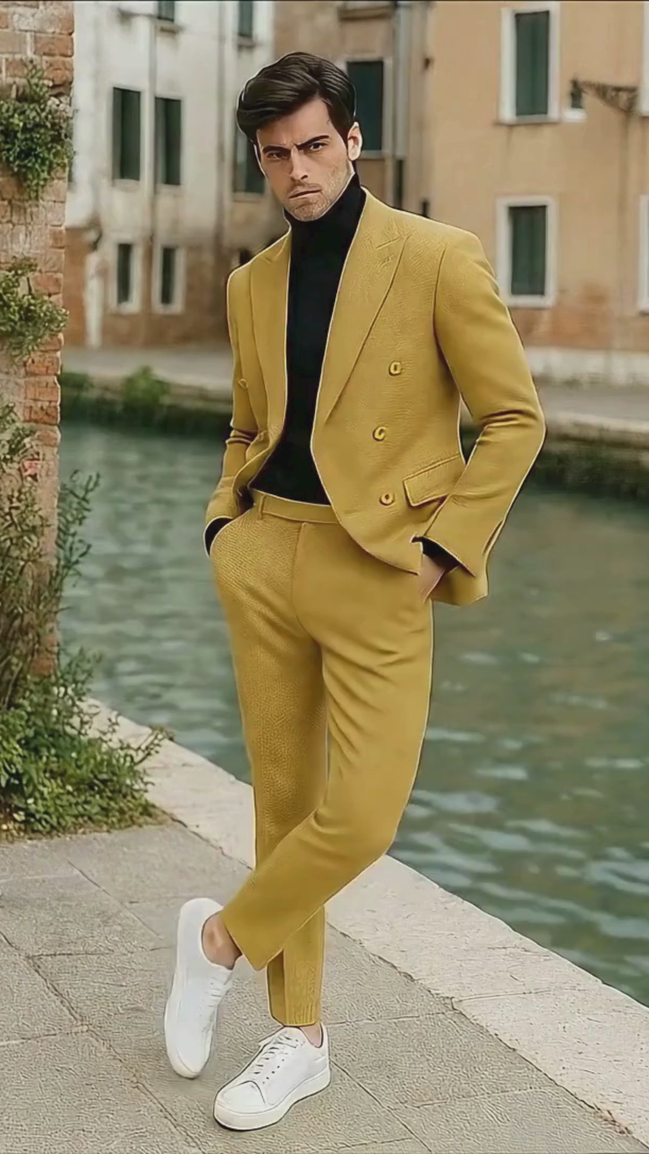 Men’s Gold Double Breasted Suit – Classic 1920s Camel Color Formal Slim Fit Suit