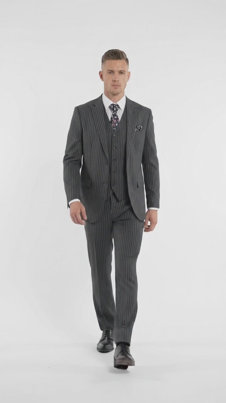 Men's Charcoal Grey Bold Pinstripe 3-Piece Gangster Suit – 2 Button Vested 1920s Vintage Classic Formal Suit