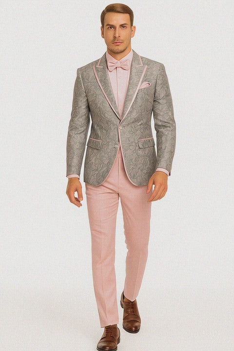 Mens Pink and Grey Floral Tuxedo with Satin Trim – Prom and Wedding Suit with Bow Tie and Flower Pin