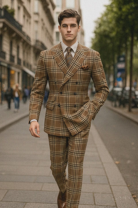 "Men's Double Breasted Wool Suit, Three Quarter Length, Tan & Brown Windowpane Plaid"
